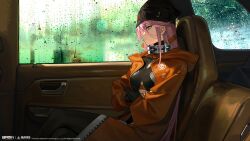  absurdres beanie black_bodysuit black_hat bodysuit car_interior car_seat closed_mouth coat condensation copyright_name copyright_notice crossed_arms crossed_legs feet_out_of_frame from_side hat highres logo long_hair mingshuang_(xinyue_tongxing) official_art official_wallpaper orange_coat pink_hair profile violet_eyes water_drop window_fog xinyue_tongxing 