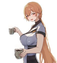  1girl 3_small_spiders blonde_hair blush breasts commentary_request cup elmo_dormitory_outfit girls'_frontline_2:_exilium girls_frontline groza_(girls'_frontline_2) highres holding holding_cup long_hair looking_at_viewer open_mouth orange_eyes orange_hair ots-14_(girls'_frontline) simple_background smile solo white_background 