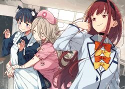  3girls absurdres adjusting_hair animal_ears apron bandaid bandaid_on_finger bandaid_on_hand basori_tiara black_choker black_dress black_hair blazer blonde_hair blood blood_from_eyes blood_on_face blue_eyes blush bow bowtie breasts cat_ears cat_tail choker classroom collared_shirt cosplay cross desk dress fake_animal_ears fake_blood fake_tail flower frilled_apron frills hair_between_eyes hairband hat highres houkobaru_hibari hug hug_from_behind imigimuru indoors jacket long_hair make_heroine_ga_oo_sugiru! multiple_girls nail_polish nurse nurse_cap official_art orange_flower orange_rose pink_dress purple_nails red_cross red_eyes red_hair rose school_desk school_uniform second-party_source shikiya_yumeko shirt skull skull_pin smile tail torn_clothes tsuwabuki_high_school_uniform white_apron white_jacket white_shirt window yellow_bow yellow_bowtie yellow_eyes 