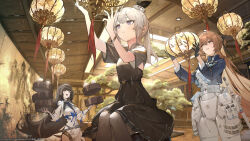  3girls black_dress black_hair bracelet cheyanne_(girls'_frontline_2) cheyanne_(maiden_debut)_(girls'_frontline_2) chinese_commentary commentary_request daiyan_(girls'_frontline_2) dress earrings food girls'_frontline_2:_exilium girls_frontline highres jewelry lantern m200_(girls'_frontline) multiple_girls new_year official_art open_mouth pine_tree springfield_(girls'_frontline) springfield_(girls'_frontline_2) steamed_bun tree type_95_(girls'_frontline) violet_eyes 