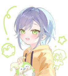  1girl :d aged_down blush commentary drawstring facial_mark green_eyes grey_hair happy hat highres hinomori_shiho holding holding_stuffed_toy hood hood_down hoodie jester_cap long_sleeves looking_at_viewer mark_under_eye neck_ruff nyungcha11 open_mouth orange_hoodie phenny_(project_sekai) project_sekai short_hair sidelocks simple_background smile solo star_(symbol) star_facial_mark star_in_eye stuffed_animal stuffed_penguin stuffed_toy symbol-only_commentary symbol_in_eye teeth tongue upper_body upper_teeth_only white_background 
