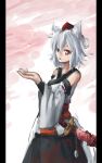  animal_ears arceonn bad_anatomy bad_proportions bare_shoulders blown_kiss detached_sleeves hat inubashiri_momiji pillarboxed red_eyes revision sheath sheathed solo sword tail tokin_hat touhou weapon white_hair wolf_ears wolf_tail 