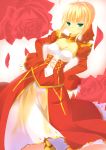  ahoge blonde_hair blush breasts cleavage dress epaulettes fate/extra fate_(series) flower green_eyes hair_ribbon kinta_(distortion) red_dress ribbon saber saber_extra smile solo 