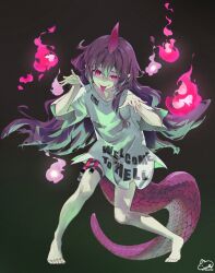  1girl :p a-one barefoot black_background clothes_writing commentary_request gradient_background green_background hair_between_eyes hitodama holster horns lizard_tail long_hair looking_at_viewer oversized_clothes oversized_shirt pointy_ears purple_hair purple_horns purple_tail shirt short_sleeves simple_background single_horn solo standing syuri22 tail tenkajin_chiyari test_tube thigh_holster tongue tongue_out torn_clothes touhou violet_eyes 