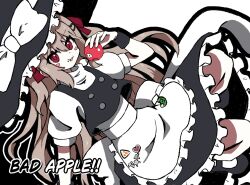  1girl :3 apple apron back_bow bad_apple!! black_background black_outline black_shoes black_skirt black_vest bow broken_heart broken_heart_hair_ornament brown_hair buttons cosplay double-breasted dutch_angle evil_neuro-sama food frilled_apron frilled_hat frills fruit hair_bow hair_ribbon hat heart highres holding holding_food holding_fruit kirisame_marisa kirisame_marisa_(cosplay) knees_up long_hair looking_at_viewer maid_apron mary_janes mgmg_mgmg open_mouth outline puffy_short_sleeves puffy_sleeves red_eyes red_ribbon ribbon shirt shoes short_sleeves skirt solo touhou turtleneck turtleneck_shirt two_side_up v-shaped_eyebrows vedal_ai very_long_hair vest virtual_youtuber white_apron white_background white_bow white_outline white_shirt witch_hat 