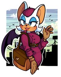  1girl :3 animal_ears animal_nose aqua_eyes aqua_eyeshadow bag bat_ears bat_girl bat_tail bat_wings belt belt_buckle beret border breasts brown_belt brown_gloves buckle buttons clouds coat double-breasted eyelashes eyeshadow fangs flipped_hair furry furry_female gloves half-closed_eyes hand_up hat highres large_breasts long_sleeves makeup official_alternate_costume open_mouth outdoors outline outside_border rouge_the_bat rouge_the_bat_(trench_coat) sandopoliszone satchel short_hair signature sky solo sonic_(series) tail third-party_source trench_coat white_border white_hair white_outline wings 