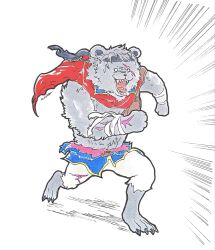  1boy alternate_form bear_boy cape dark_persona emphasis_lines fire_emblem fire_emblem_shadows furry furry_male headband highres ike_(fire_emblem) ike_(radiant_merc)_(fire_emblem) male_focus norajiyuuchou open_mouth red_cape sharp_teeth solo teeth torn_clothes 