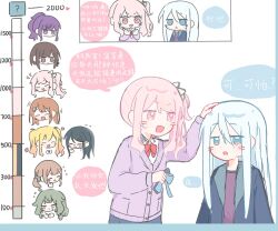  +_+ 1other 6+girls akiyama_mizuki arm_up arms_at_sides asahina_mafuyu black_hair black_shirt blonde_hair blue_bow blue_eyes blue_jacket blush bow bowtie brown_eyes brown_hair cardigan chibi chibi_inset collared_shirt colored_speech_bubble gradient_hair green_hair grey_eyes hair_between_eyes hair_bow hanasato_minori hand_up hands_up hashtag-only_commentary headpat highres holding holding_bow_(ornament) hoshino_ichika_(project_sekai) jacket kamiyama_high_school_uniform_(project_sekai) kano2007226 kiss_meter_(meme) kusanagi_nene long_hair long_sidelocks long_sleeves meme mochizuki_honami multicolored_hair multiple_girls open_clothes open_jacket open_mouth orange_hair pink_eyes pink_hair project_sekai purple_cardigan purple_hair purple_shirt red_bow red_bowtie school_uniform shinonome_ena shirt sidelocks simple_background speech_bubble swept_bangs tenma_saki track_jacket translation_request upper_body violet_eyes white_background white_hair white_shirt yoisaki_kanade 