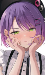  1girl absurdres aoba_takeru black_hat close-up commentary_request ear_piercing earrings gradient_hair green_eyes hair_ornament hairclip hands_on_own_cheeks hands_on_own_face hat highres hololive jewelry looking_at_viewer multicolored_hair multiple_earrings piercing pink_hair pout purple_hair shirt short_hair solo tokoyami_towa tokoyami_towa_(jirai_kei) two-tone_hair white_shirt 