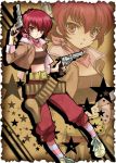  belt brown_background dual_wielding gun iria_animi jacket pants pantyhose red_eyes red_hair redhead shoes short_hair solo star starry_background striped striped_legwear tales_of_(series) tales_of_innocence tomo_3 weapon zoom_layer 