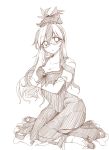  adjusting_hair bespectacled blush breasts cleavage collarbone dress empty_eyes glasses hat kamishirasawa_keine long_hair monochrome multicolored_hair payot simple_background sitting solo touhou two-tone_hair yuuki1924 