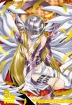  angel_wings angewomon artist_request asymmetrical_clothes belt blonde_hair breasts digimon digimon_adventure digimon_jintrix feathers gloves head_wings helmet long_hair lowres official_art ribbon solo thigh_strap torn_clothes wings 