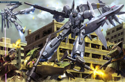  absurdres alternate_form battle beam_rifle building cable cannon cityscape clouds cloudy_sky damaged destruction dwadge_custom earth_federation efreet_(mobile_suit) efreet_custom energy_beam energy_gun firing flying gun gundam gundam_perfect_file gundam_sentinel gundam_unicorn highres kinoshita_tomotake machine_gun machinery magazine_scan mecha mecha_focus mobile_suit muzzle_flash neo_zeon no_humans off_shoulder official_art one-eyed painting_(medium) radio_antenna realistic robot scan science_fiction shield sky thrusters traditional_media v-fin wave_rider weapon window zaku_cannon zaku_ii zeta_plus 