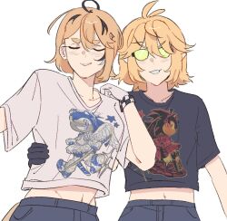  addendium ahoge angel_wings blonde_hair dokibird dooby gloves gun hashtag-only_commentary indie_virtual_youtuber multicolored_hair multiple_girls open_mouth shadow_the_hedgehog shirt short_hair simple_background sonic_(series) sonic_the_hedgehog streaked_hair sunglasses virtual_youtuber weapon white_background white_gloves white_shirt wings 