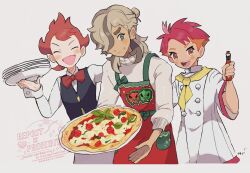  3boys apron arm_up arven_(holiday_2025)_(pokemon) arven_(pokemon) black_vest blush_stickers bottle bow bowtie brown_eyes brown_hair chef chili_(pokemon) coat collared_shirt commentary_request crispin_(pokemon) cropped_torso food highres holding holding_bottle holding_plate konoooc long_sleeves looking_to_the_side male_focus multicolored_hair multiple_boys neckerchief official_alternate_costume open_mouth orange_hair pizza plate pokemon pokemon_bw pokemon_masters_ex pokemon_sv red_bow red_bowtie red_hair scovillain shirt sideways_glance sleeve_cuffs smile teeth thick_eyebrows tongue triangle_mouth turtleneck vest waiter watermark white_background white_coat white_shirt yellow_neckerchief 