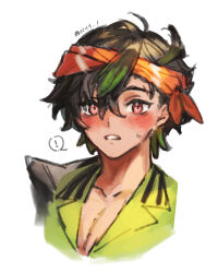  ! 1boy arknights black_hair blush bryophyta_(arknights) chickenuma_0 collared_shirt green_hair green_shirt hair_between_eyes headband highres looking_at_viewer male_focus multicolored_hair orange_headband parted_lips pink_eyes portrait red_eyes shirt short_hair simple_background solo spoken_exclamation_mark sweatdrop white_background 