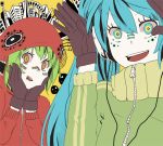  aqua_hair building crazy_eyes gloves green_hair gumi hands_on_own_face hands_up hatsune_miku headphones hoodie lip_piercing long_hair matryoshka_(vocaloid) multicolored_eyes multiple_girls piercing shiuka short_hair smile smiley_face track_jacket twintails vocaloid 