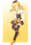  beret blonde_hair boots breasts corset detached_sleeves drill_hair fingerless_gloves gloves hair_ornament hat highres inaton large_breasts magical_girl mahou_shoujo_madoka_magica pleated_skirt skirt smile solo taut_shirt thigh-highs thighhighs tomoe_mami vertical-striped_legwear vertical_stripes yellow_eyes 