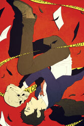  1boy adachi_tooru black_hair black_wings blue_jacket brown_pants caution collared_shirt commentary crazy_smile emily_hu english_commentary feathered_wings feathers flying_paper holding holding_skull jacket male_focus necktie pants paper persona persona_4 red_background red_necktie shirt short_hair simple_background skill skull smile suit_jacket upside-down very_short_hair white_shirt wings 