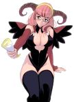  bad_id black_legwear breasts chalice cleavage copyright_request demon_girl female glasses horns long_hair masao pink_eyes pink_hair solo thigh-highs thighhighs wings 