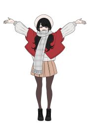  1girl \o/ arms_up black_boots black_hair blush boots commentary_request eyebrows_hidden_by_hair full_body hair_between_eyes hat highres kira_natto korean_commentary lace-up_boots original outstretched_arms pantyhose pleated_skirt red_shawl scarf shawl simple_background skirt smile sweater teeth upper_teeth_only violet_eyes white_background white_hat white_scarf white_sweater 