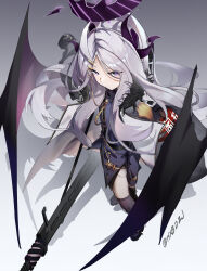  1girl absurdres ahoge black_boots black_coat black_skirt blue_archive boots closed_mouth coat coat_on_shoulders commentary demon_girl demon_horns demon_wings fur-trimmed_coat fur_trim grey_hair gun highres hina_(blue_archive) holding holding_gun holding_weapon horns hxbdzj jacket light_machine_gun looking_at_viewer machine_gun purple_jacket purple_thighhighs side_slit skirt solo thigh-highs violet_eyes weapon wings 