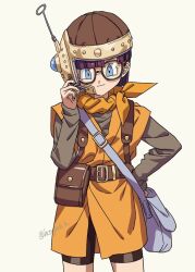  1girl bag belt bike_shorts black_shorts blue_eyes blunt_bangs chrono_trigger closed_mouth commentary_request cowboy_shot glasses grey_shirt hand_on_headset hand_on_own_hip hand_up headset helmet hosodayo long_sleeves looking_at_viewer lucca_ashtear neckerchief orange_neckerchief orange_tunic pouch purple_hair radio_antenna satchel shirt short_hair shorts shoulder_bag simple_background smile solo straight-on toriyama_akira_(style) tunic white_background 