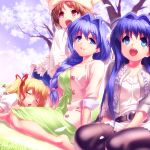  5girls blonde_hair blue_eyes blue_hair brown_hair cat cherry_blossoms fashion hair_intakes kanon minase_akiko minase_nayuki multiple_girls open_mouth pantyhose petals piro red_eyes sawatari_makoto sleeping tsukimiya_ayu twintails zen 