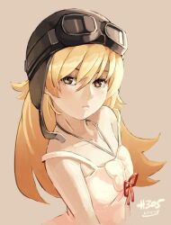  1girl bakemonogatari bare_shoulders blonde_hair commentary dress helmet long_hair looking_at_viewer monogatari_(series) nisemonogatari oshino_shinobu simple_background upper_body 