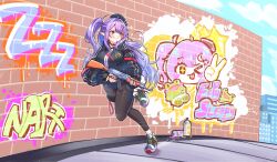  1girl assault_rifle beret black_gloves black_hat black_jacket brick_wall commentary crescent crescent_hair_ornament eepy_sleepy eepy_sleepy_(sleepy_2.0) elf english_commentary fingerless_gloves gloves graffiti gun hair_ornament hat highres holding holding_gun holding_weapon hood hooded_jacket jacket kalashnikov_rifle kghazir long_sleeves navel outdoors pantyhose phase_connect pointy_ears purple_hair rifle shoes short_shorts shorts smile sneakers star_(symbol) star_hair_ornament violet_eyes weapon 