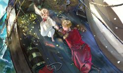  2boys aged_down ahoge america_(hetalia) arm_behind_back axis_powers_hetalia barefoot barrel black_boots blonde_hair blue_eyes blue_gem boots bow bowtie box bracelet brown_gloves child clenched_hand closed_mouth coat coin commentary day ear_piercing earrings english_commentary epaulettes frills from_behind full_body gem gloves gold_bracelet gold_coin hand_up hands_up highres holding_hands jar jewelry long_sleeves looking_at_another male_focus military military_uniform multiple_boys necklace ocean on_one_knee open_mouth outdoors pearl_necklace petals piercing puffy_long_sleeves puffy_sleeves red_bow red_bowtie red_coat red_gem robe rope shadow ship short_hair smile standing sunlight treasure treasure_chest united_kingdom_(hetalia) watercraft white_robe zhongerweiyuan 