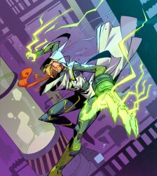  1girl blonde_hair bodysuit breath_weapon cloak commentary english_commentary glowing glowing_hand green_trim grey_bodysuit highres laboratory leo_chiola long_hair looking_to_the_side marvel marvel_snap multicolored_bodysuit official_art orange-tinted_eyewear purple_background round_eyewear solo tinted_eyewear toxie_doxie white_cloak 