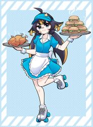  1girl ahoge apron back_bow black_hair blue_background blue_dress blue_hat bow burger carhop chicken_(food) commentary crown_hair_ornament dress food frilled_apron frilled_dress frills full_body hair_ornament hat highres holding holding_tray indie_virtual_youtuber konan_exe leg_up long_hair looking_at_viewer outside_border penguin_girl roller_skates shoes short_sleeves skates spanish_commentary standing standing_on_one_leg striped_border toko_(vtuber) tray virtual_youtuber visor_cap waist_apron waitress white_shoes white_wrist_cuffs wrist_cuffs 