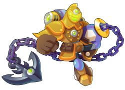  1boy absurdres anchor armor armored_boots boots brown_armor brown_gloves brown_helmet commentary commission diving_helmet diving_suit dry_suit english_commentary faulds full_armor gloves helm helmet highres knight leg_up legs_apart mega_man_(series) mega_man_x_(series) parody redesign shovel_knight simple_background solo standing style_parody treasure_knight ultimatemaverickx white_background 