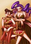  2girls ahoge alternate_costume breasts brown_hair china_dress chinese_clothes chun-li cleavage double_bun earrings gown jewelry large_breasts leaning_forward long_hair multiple_girls pearl_necklace purple_eyes purple_hair r-type_(integra1800) rose_(street_fighter) sash short_hair side_slit sitting street_fighter violet_eyes 