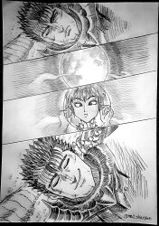  1boy 1girl armor artist_name berserk berserker_armor casca_(berserk) commentary_request couple guts_(berserk) highres mad_sharpen messy_hair moon remembering signature spiky_hair twitter_username 