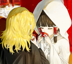  2girls absurdres alternate_costume babaiwan_fengchui black_haori blonde_hair brown_hair chinese_commentary commentary_request cup drinking frilled_hair_tubes frills hair_tubes hakurei_reimu haori highres holding holding_cup japanese_clothes kimono kirisame_marisa long_hair multiple_girls shiromuku touhou uchikake wataboushi wedding white_kimono wife_and_wife yuri 