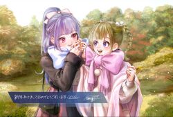  2026 2girls :d artist_name assault_lily bag black_jacket black_skirt blue_scarf bow braid brown_skirt commentary_request cowboy_shot day eye_contact fingernails fukuyama_jeanne_sachie green_hair hair_bow hair_ribbon half_up_braid half_updo handbag hands_up happy_new_year highres holding_hands jacket jewelry kishimoto_lucia_raimu komuzuka long_hair long_sleeves looking_at_another looking_to_the_side mole mole_under_mouth multiple_girls open_mouth outdoors pink_bow pink_eyes pink_scarf pom_pom_(clothes) poncho puffy_long_sleeves puffy_sleeves purple_hair ribbon ring scarf scarf_bow short_hair shoulder_bag sideways_glance signature skirt smile snowing standing sweater translated tree twin_braids twintails two-tone_skirt violet_eyes white_poncho white_ribbon white_sweater 