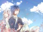  1girl back-to-back blue_hair braid calligraphy_brush closed_eyes eyes_closed ia_(vocaloid) japanese_clothes kaito long_hair open_mouth paintbrush pink_hair short_hair sky smile twin_braids vocaloid yuma_(artist) 