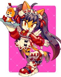  1girl ahoge alternate_costume animal_ears apron artist_name bell black_hair black_socks bow cat_ears cat_girl cat_hair_ornament cat_tail colored_shoe_soles commentary dated enmaided fake_wings fangs full_body furry furry_female hair_bow hair_ornament heart heart_hair_ornament holding holding_plate honey_the_cat jacket jersey_maid jingle_bell leg_warmers long_hair long_sleeves looking_at_viewer maid maid_headdress neck_bell open_mouth orange_fur plate red_bow red_eyes red_jacket red_shoes red_skirt roza_(tanukiracoon427) shoes skirt sleeves_past_wrists smile socks solo sonic_(series) standing standing_on_one_leg star_(symbol) star_hair_ornament symbol-only_commentary tail tails_doll thigh_strap twintails twitter_username unconventional_maid very_long_hair white_apron white_leg_warmers wings 
