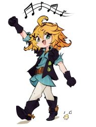  1girl ahoge belt black_boots black_gloves black_jacket blonde_hair blue_eyes blue_shirt boots bright_pupils collared_shirt commentary cowboy_boots deformed dokibird dokibird_(bounty_hunter) double-parted_bangs dragoon english_commentary fang feather_hair flat_chest gloves hair_between_eyes hair_ornament hair_wings highres indie_virtual_youtuber jacket looking_at_viewer medium_hair musical_note neckerchief open_mouth pants pinstripe_pattern pinstripe_shirt scar scar_on_arm shirt simple_background sleeves_rolled_up solo spiky_hair spurs troubleshooter_bun virtual_youtuber white_background white_pants white_pupils wide_belt x_hair_ornament yellow_neckerchief 