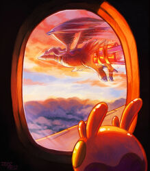  above_clouds claws closed_mouth clouds commentary dragon english_commentary flying goomy imazartz looking_outside no_humans pokemon pokemon_(creature) pokemon_focus reshiram reshiram_(overdrive) sky 