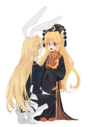  2girls age_regression aged_down animal_ears belt black_dress black_hat black_jacket black_pants blonde_hair blush boots brown_belt chinese_clothes closed_mouth crescent crescent_print dalachi_(headdress) dress from_behind full_body gloves hair_between_eyes hat highres jacket junko_(nameless_space_horror)_(touhou) junko_(touhou) long_dress long_hair long_sleeves looking_at_another mandarin_collar multiple_girls neck_ribbon open_mouth orange_ribbon pants phoenix_print pom_pom_(clothes) rabbit_ears rabbit_girl red_dress red_eyes red_shoes red_tabard reisen_udongein_inaba reisen_udongein_inaba_(lunatic_space_youkai) ribbon shoes simple_background smile squatting standing tabard tassel teeth touhou touhou_lostword tt_orang two-sided_dress two-sided_fabric violet_eyes wavy_hair white_background white_boots white_gloves wide_sleeves 