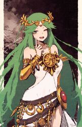  1girl absurdres chain circlet commentary commission english_commentary finger_to_own_chin gold_chain green_eyes green_hair highres kid_icarus kid_icarus_uprising long_hair looking_at_viewer one_eye_closed palutena pillarboxed rnna signature solo very_long_hair 