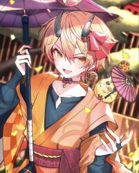  1boy commentary creature earrings fingernails hand_up highres holding holding_umbrella horns jewelry long_fingernails long_sleeves looking_at_viewer male_focus oil-paper_umbrella open_mouth project_sekai siii_49 solo symbol-only_commentary tenma_tsukasa umbrella 