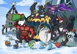  absurdres aipom alolan_diglett antennae aqua_eyes aqua_pupils bidoof blacephalon blue_sky box brown_eyes buzzwole christmas christmas_lights closed_eyes closed_mouth clothed_pokemon clouds commentary crossed_arms darumaka day deino_(pokemon) elf_hat elgyem english_commentary fake_antlers fake_beard fake_facial_hair floating gift gift_box goomy green_hat guzzlord hat highres holding holding_box holding_gift kartana mudkip muscular naganadel necrozma necrozma_(normal) nihilego open_mouth outdoors pheromosa pokemon pokemon_(creature) pokemon_focus red_hat rowlet santa_hat sky smile snivy snow spino_(spinoone) stakataka striped_hat teeth tentacles two-tone_hat violet_eyes wooper wynaut xurkitree 