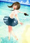  :d barefoot beach blush brown_eyes brown_hair feet holding holding_shoes looking_back mizu_asato ocean open_mouth original outstretched_arms skirt smile solo spread_arms wading water wink 