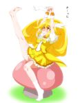  arms_up barefoot blonde_hair blush choker cure_peace dress footwear hair_ornament kise_yayoi leg_up long_hair looking_up magical_girl mikagami_sou mushroom no_shoes open_mouth ponytail precure removing_sock sitting smile smile_precure! socks solo tiara translated undressing white_legwear wrist_cuffs yellow_dress yellow_eyes 