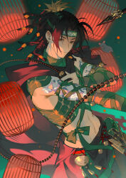  1boy abs absurdres arm_tattoo black_hair brown_eyes chinese_clothes dreadlocks earrings fang fang_out highres holding holding_whip jewelry lantern male_focus mouse_(animal) paper_lantern ponytail revealing_clothes tattoo where_winds_meet whip yinglingshang 