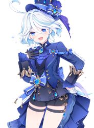  1girl absurdres ahoge ascot asymmetrical_gloves black_gloves black_shorts black_vest blue_ascot blue_eyes blue_gem blue_hair blue_hat blue_jacket blue_pupils blush commentary_request cowboy_shot drop-shaped_pupils furina_(genshin_impact) gem genshin_impact gloves hair_between_eyes hair_intakes hand_on_own_hip hand_up hat heterochromia highres hydro_symbol_(genshin_impact) jacket long_sleeves looking_at_viewer mismatched_gloves mismatched_pupils multicolored_hair open_mouth short_hair short_shorts shorts simple_background solo streaked_hair sweet_miuk_tea symbol-shaped_pupils thigh_strap top_hat twitter_username vest vision_(genshin_impact) wavy_hair white_background white_gloves white_hair 
